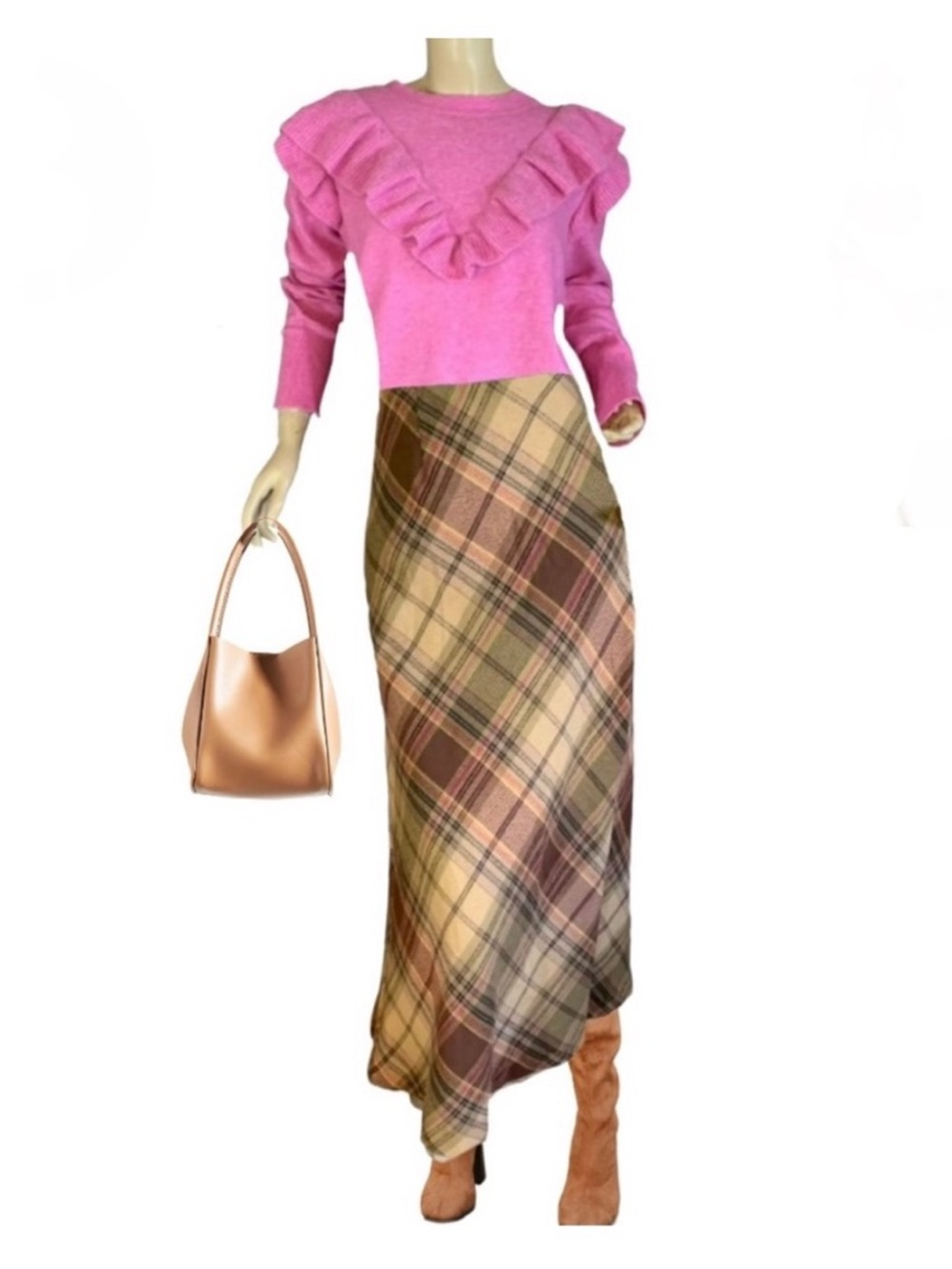 LINEA DONNA BROWN PLAID MAXI SKIRT (14)